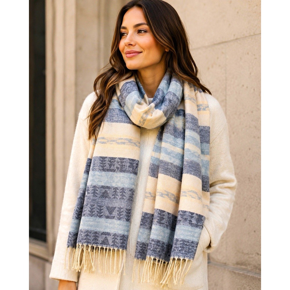 Baby Alpaca Cashmere Striped Woven Fringe Rectangle Scarf Blue/Ivory/Beige 72x30